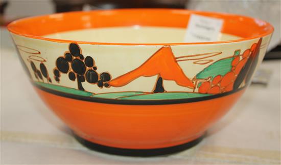 A Clarice Cliff house and trees pattern bowl, diameter 22cm (8.7in.)